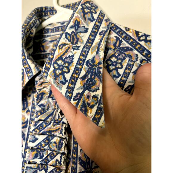 1970s Perma Press Victorian Yellow Blue Paisley Ruffle Disco Dagger Shirt L - Picture 3 of 6